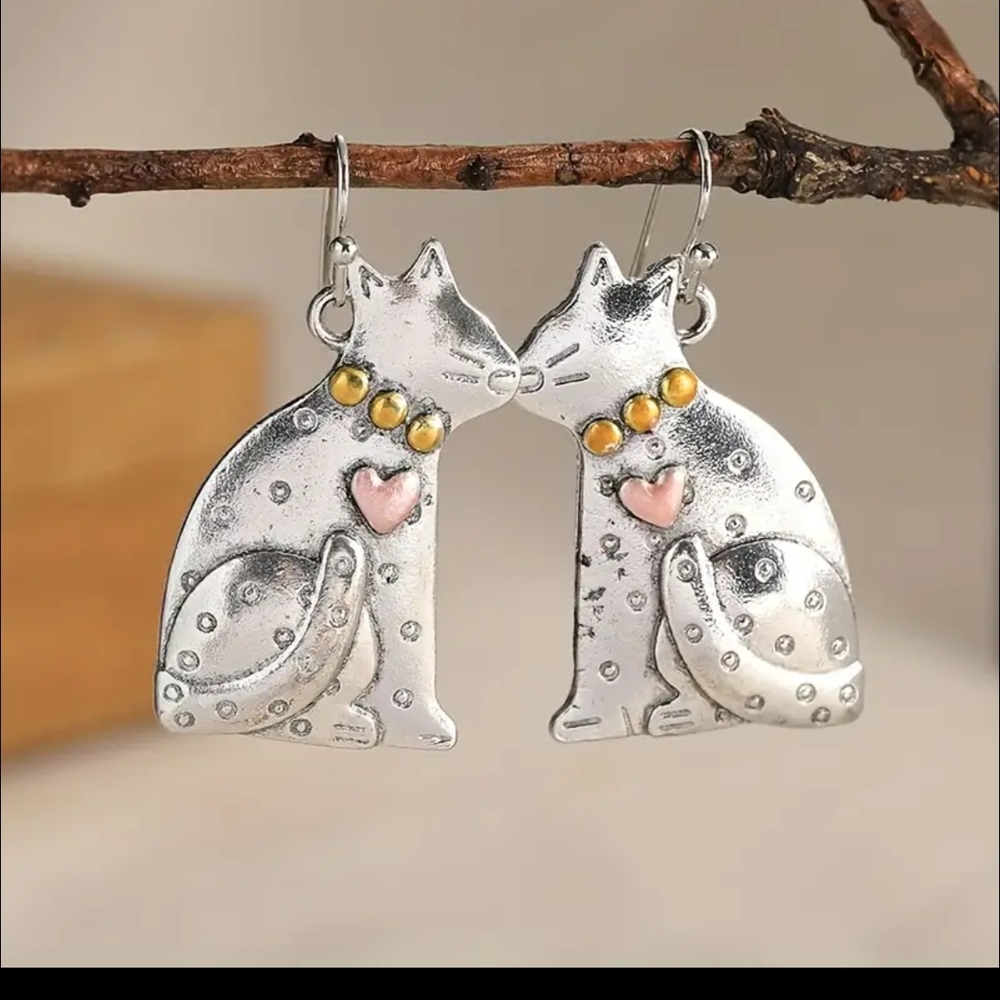 NEW Silver Cat Earrings with Pink and Gold Accents